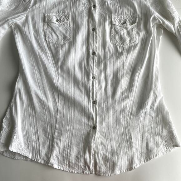Y2K Guess White Mesh Embroidery Snap Button Women's Shirt Size L - Picture 10 of 16